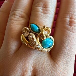 Gold Tone Ring with Turquoise Stones and Crystal Accents